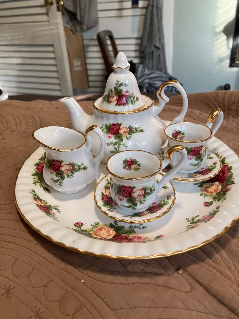 Royal Albert White Mini Tea Set with Pink and Yellow Rose Pattern and Gold Trim
